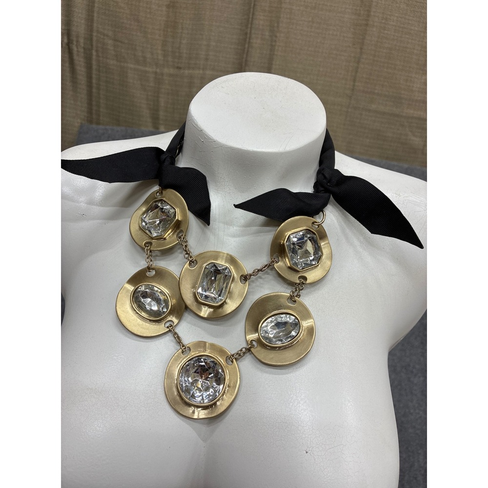 Gold Tone Crystal Statement Bib Necklace Black Ribbon Tie Adjustable Glamour
